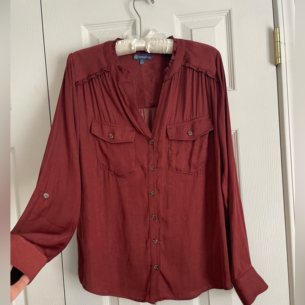 Democracy Rust Button-Down Shirt/silk-like blouse